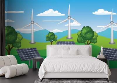 Solar panels, wind turbine on green landscape for green energy concept illustration Wall mural