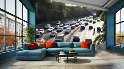 rush hour traffic on an urban four lane road in two directions, morning commuters Wall mural