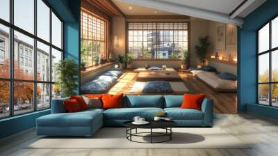 A Japanese-Style Living Room with a Low Coffee Table and Floor Cushions Wall mural