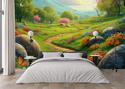 Easter's charm  a serene sunrise, playful bunny, or intricate still life. Adorned with pastels, blossoms, and eggs, it captures the essence of family, tradition, and spring's beauty,  generative AI Wall mural