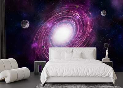 Fantasy with planet against starry sky on deep background. Cosmic celestial sky. Abstract space backdrop. Outer space. Night scene. Sound of cosmic radiation of the universe Wall mural