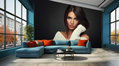 beautiful woman in white sweater Wall mural