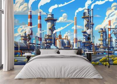 A factory with smokestacks and pipes, creating an industrial landscape. Illustration of an oil or gas production plant in the city. Detailed in the style of cartoon. 3d rendering. Wall mural