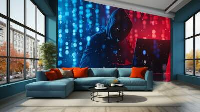 A hacker in a black hoodie with a laptop working on computer network security and cyber attack concepts, the hacker sitting at a table coding with a digital background of binary numbers and light effe Wall mural