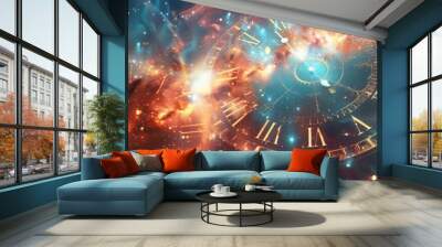 Abstract background with a clock and time concept, digital space design, universe, nebula and starry sky, light effect. Abstract motion blurred shapes of clocks in the style of the cosmos. Stock photo Wall mural