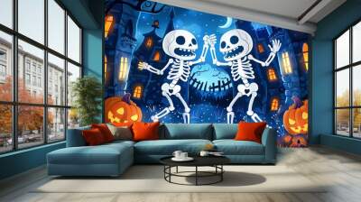 Backdrop background, watercolor illustration of two cute skeletons dancing in the center with pumpkins around and a halloween castle on a blue night sky Wall mural