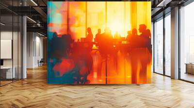 Business presentation with people in a conference room, office interior background, blurred abstract colors of sunset light and sun rays. Abstract digital art concept for corporate business. Wall mural