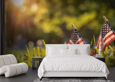 Image of American flags in the grass at an American war cemetery, sunlight, blurred background, ultra realistic photography, Independence Day Wall mural