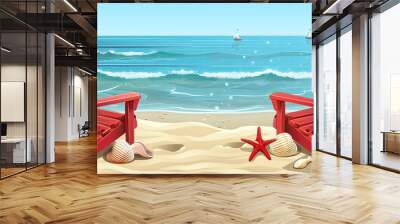 The beach is full of summer elements. There are two red chairs on the sand with sea shells and starfish around them. Waves are in the blue ocean background. It is a flat design illustration Wall mural