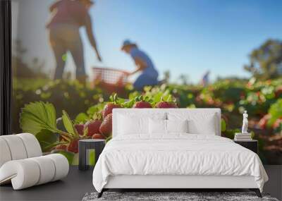 Wide-angle shot of sunlit strawberry fields under a clear blue sky, with families joyfully picking strawberries, baskets brimming with vibrant red fruit, showcasing the lively and colorful atmosphere Wall mural