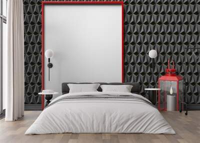 Blank picture frame and red lantern on black triangulated backgr Wall mural