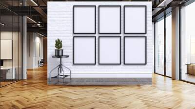 Mock up photo frame with plant, stool, floor and wall. 3D render illustration Wall mural