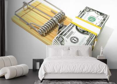 Stack of hundreds dollars, like bait, in wooden mousetrap. 3D Wall mural