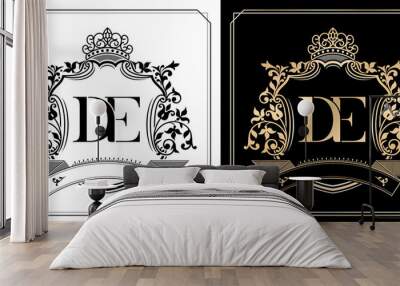 DE royal emblem with crown, set of black and white labels, initial letter and graphic name Frames Border of floral designs, DE Monogram, for insignia, initial letter frames border, wedding couple name Wall mural