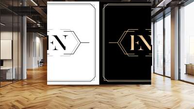 EN initial letter and graphic name, EN Monogram with hexagonal frames and border, for Wedding couple name, with two colors variation designs gold and monochrome with isolated black white backgrounds Wall mural