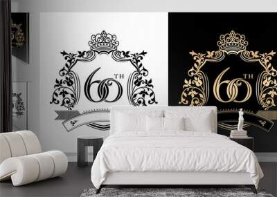 illustration of 60th anniversary symbol with royal crown design emblems, two variation gold and monochrome design isolated black and white backgrounds. applicable for greeting cards, invitation etc. Wall mural