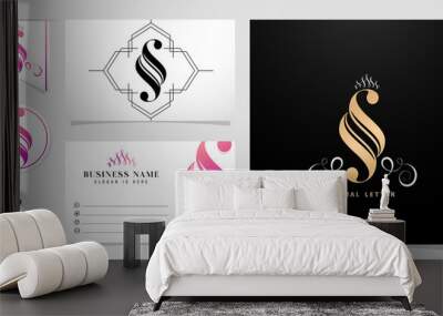 illustration of SS initial letter and graphic name, SS logo for Wedding couple monogram, logo company and business name card, with black white color, gold and gradient purple color isolated background Wall mural