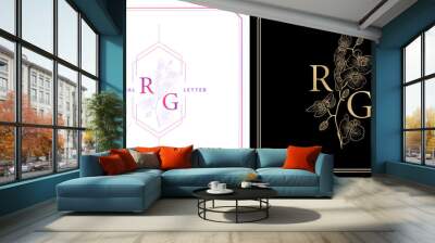 RG or GR monogram with orchid flowers ornament, initial letter and graphic name with golds colors and purple isolated backgrounds, for insignia, initial letter graphic name, couple name letterpress. Wall mural