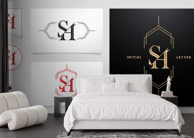 SH initial letter and graphic name, SH Monogram, for Wedding couple monogram, logo company and icon business, with black and white colors, golds colors	
and red colors gradient. Wall mural