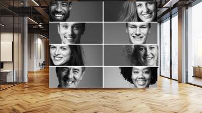 Beautiful commercial happy people in a row black and white Wall mural