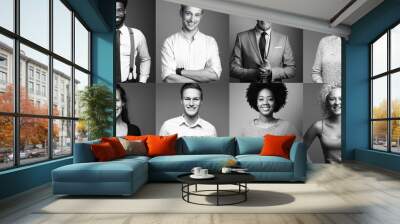 Beautiful commercial happy people in a row black and white Wall mural