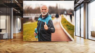 Happy senior man is ready for exercising in park. Wall mural