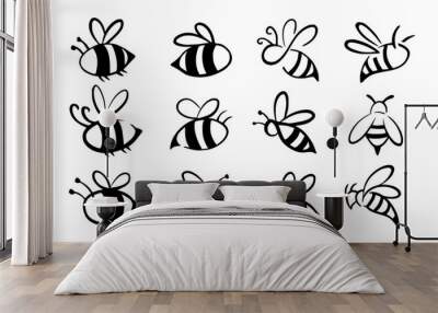 Bee hand drawn logo illustration with different style collection Wall mural