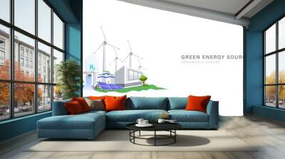 Green energy power plant with solar, hydro, hydrogen and wind source background concept. Clean electric energy and renewable source for future sustainable world vector illustration. Wall mural