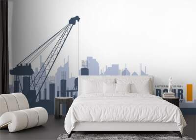 Labour day background design with construction workers and crane machine vector illustration Wall mural