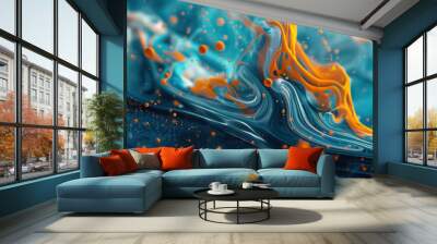 A 4K abstract wallpaper, vibrant teal-orange hues blend with creative shapes, offering a modern artistic background stimulating imagination, super realistic Wall mural