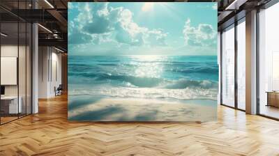 A beautiful tropical beach with palm trees and turquoise water, sun rays through clouds, sunlight Wall mural