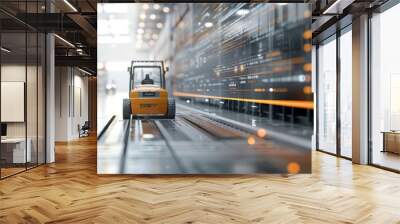 A forklift moves through a modern warehouse, showcasing efficient logistics and organized storage in a bustling environment. Wall mural