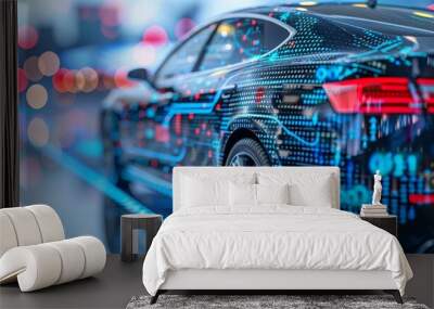 A high-tech car adorned with vibrant digital patterns symbolizes advanced automotive technology and AI integration in a modern setting Wall mural