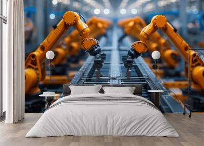 Automated robotics arms efficiently assembling a car on a production line, showcasing precision and advanced manufacturing technology Wall mural