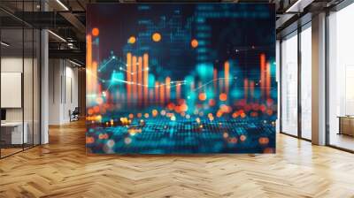 Business graph and financial chart with glowing data on blue background, AI technology concept. Big Game stock market or online trading business background with orange light bokeh effect Wall mural