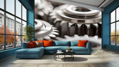 Close-up of metallic gears showcasing intricate details and precision engineering in an industrial setting. Wall mural