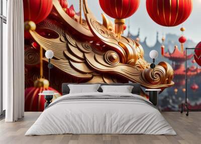 Happy Chinese New Year 2024 the dragon zodiac sign with flower, lantern, elements with red and gold color. background. Copy space Wall mural