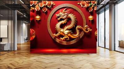 Happy Chinese New Year 2024 the dragon zodiac sign with flower, lantern, elements with red and gold color. background. Copy space Wall mural