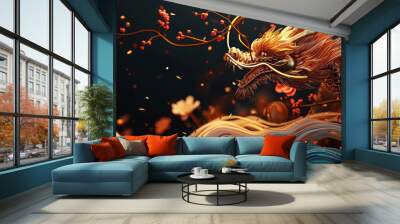 Happy Chinese New Year 2024 the dragon zodiac sign with flower, lantern, elements with red and gold color. background. Copy space Wall mural