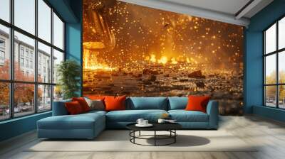 Industrial scene with molten metal, sparks flying, and a dramatic atmosphere in a factory environment. Wall mural