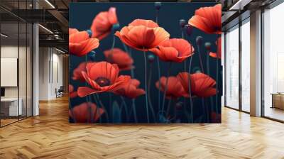 Intricate red poppies in a seamless pattern on a black background, detailed illustration Wall mural