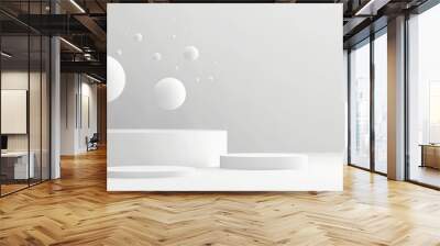 minimal background featuring two round cylinder pedestal podiums against a grey wall scene, perfect for product display presentation design with a geometric texture pattern backdrop mockup. Wall mural