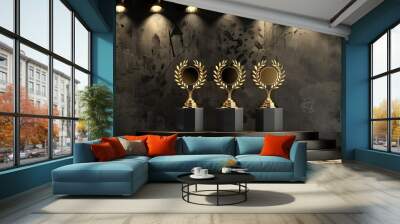 Podium featuring three golden awards, with one large and two small laurel wreaths in the center of each, perfect for recognition scenes Wall mural