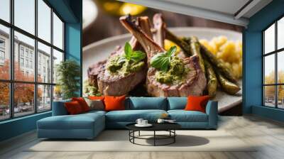 Ribs, lamb chops, steak, blurred background cooked with pesto sauce and herbs on a round white plate. It's a special meal. Cooked with side dishes. Deliciousness and perfect taste Wall mural