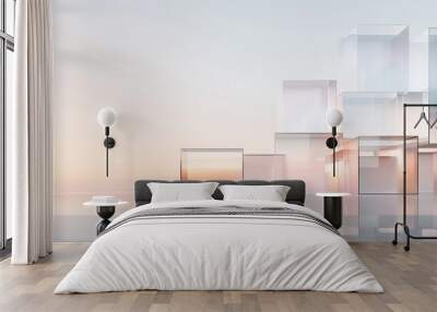 The abstract background with glass cubes and modern architecture, combined with a blurred cityscape and light reflection on the floor, features a colorful sky and gradient colors, minimalist design. Wall mural