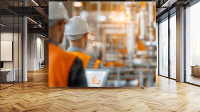 Two industrial workers in helmets analyze data on a tablet, showcasing teamwork and safety in a modern manufacturing environment. Wall mural