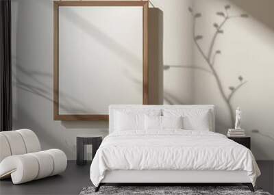 Vertical wooden frame mockup in 3D rendering, hanging on wall with window shadow, white background for design Wall mural