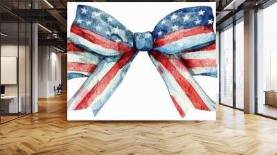 Watercolor realistic clipart of a red, white, and blue bow with an American flag pattern, featuring detailed textures on the ribbon Wall mural