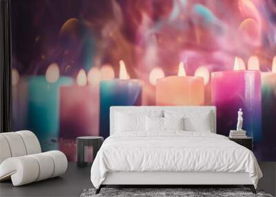 A row of glowing candles igniting spirituality in a tranquil scene generated by AI Wall mural