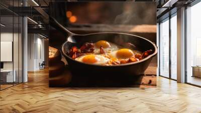 A rustic meal cooked on a cast iron pan indoors generated by AI Wall mural